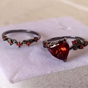 Heart Red Crystal Ring Set - Women's Red Heart Solitaire Ring and Accent Band